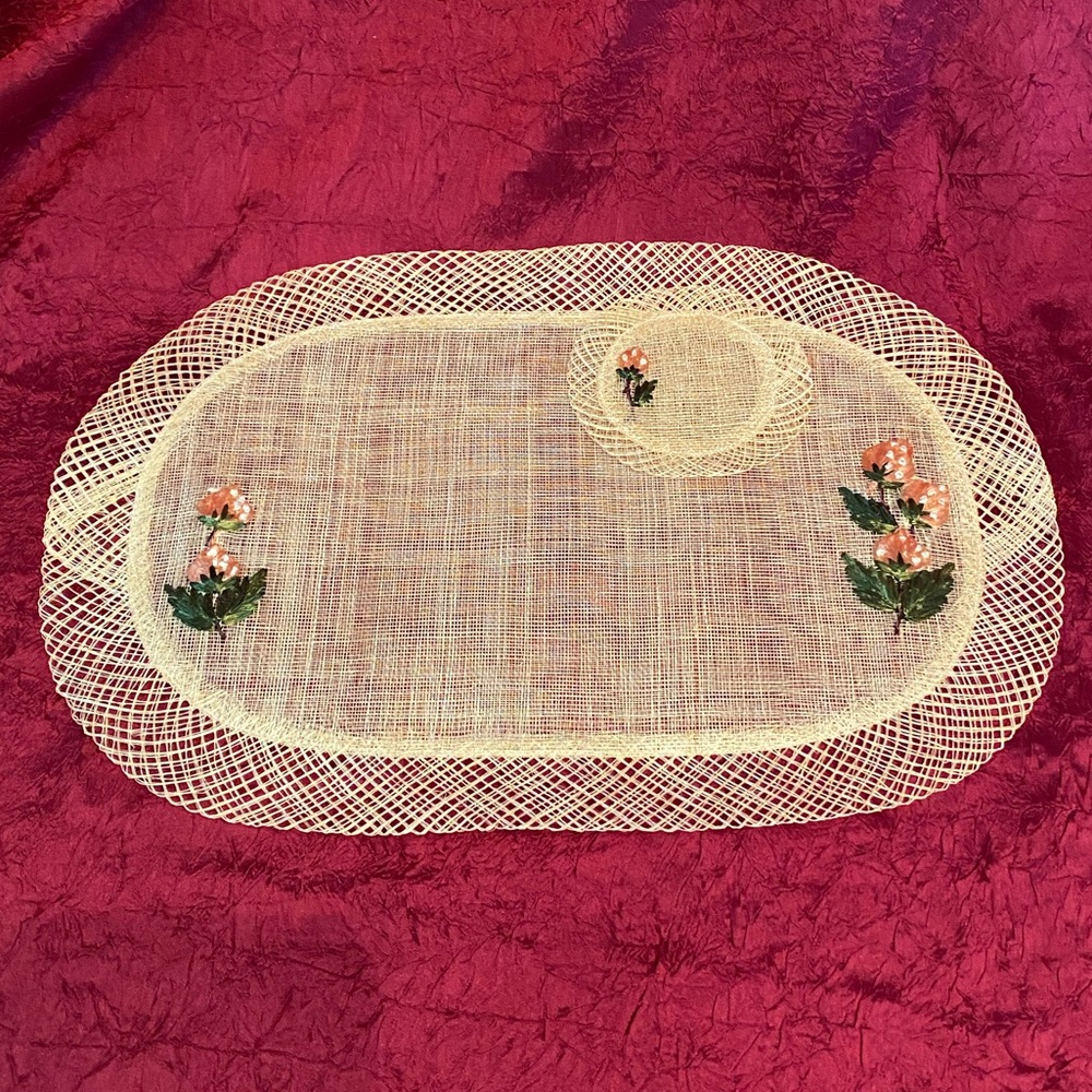 Vintage Woven & Embroidered Placemat & Coaster Set - circa 1960’s - 1970’s